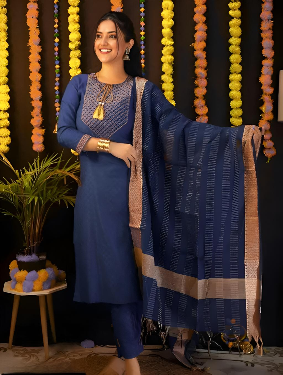Women Woven Design Straight Kurta Set with Dupatta