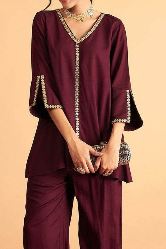 Minimalist Co-Ord Set with Embroidery Work (Black/Maroon)