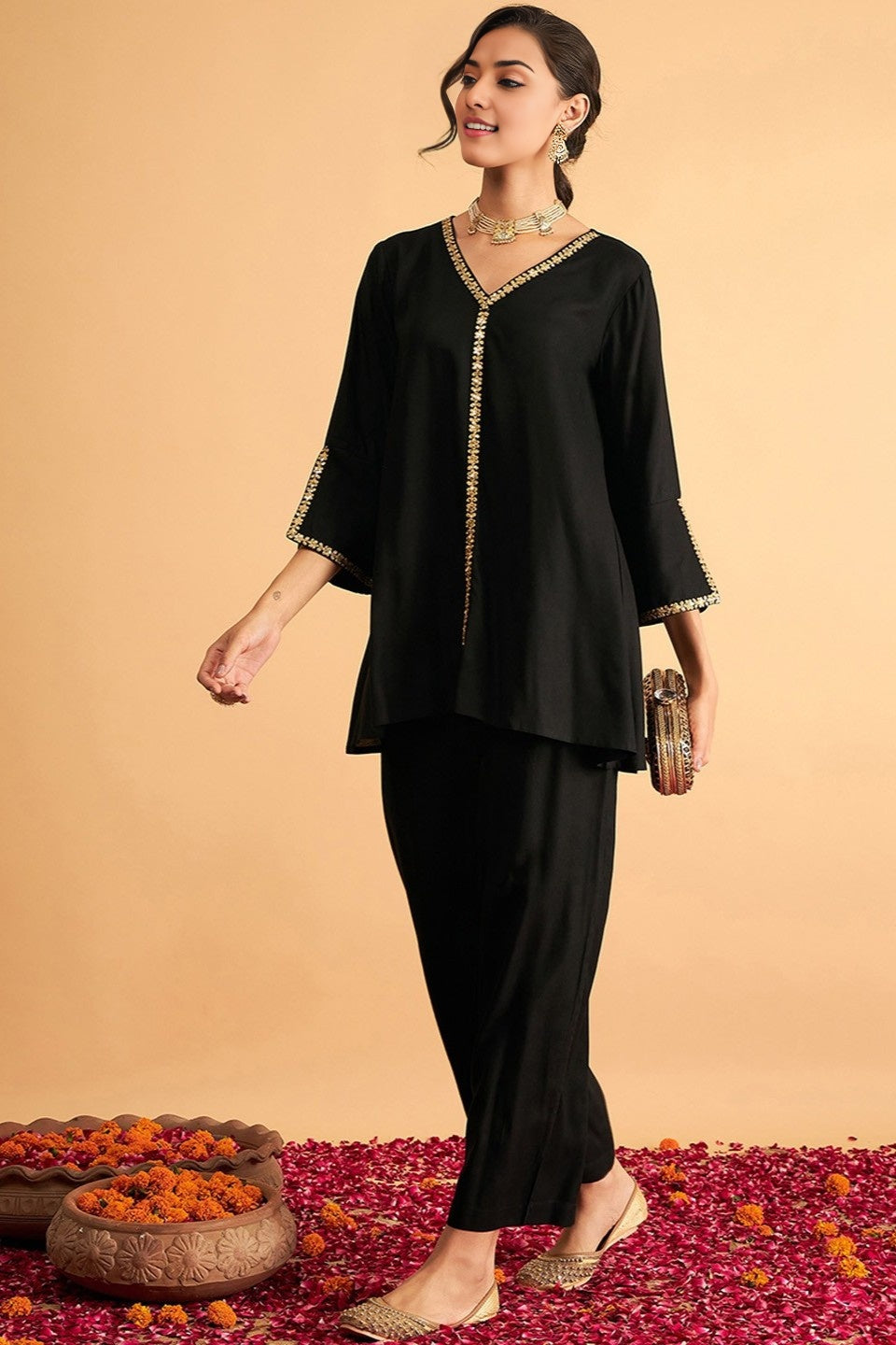 Minimalist Co-Ord Set with Embroidery Work (Black/Maroon)