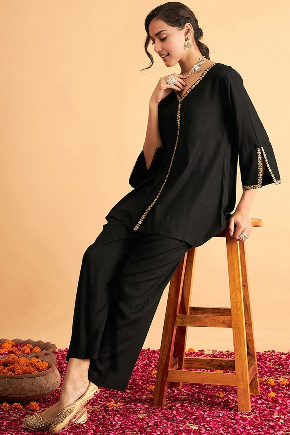 Minimalist Co-Ord Set with Embroidery Work (Black/Maroon)