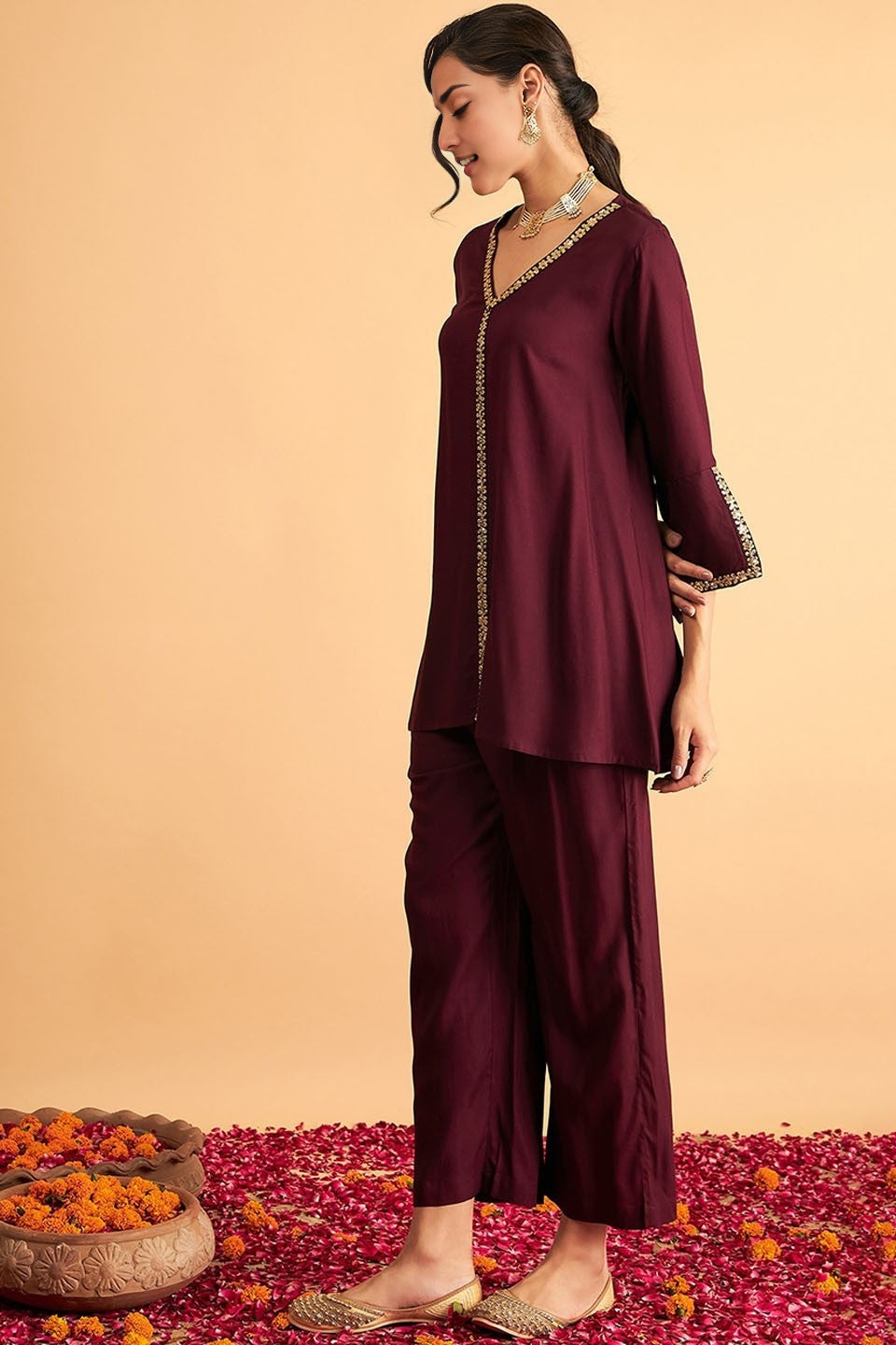 Minimalist Co-Ord Set with Embroidery Work (Black/Maroon)