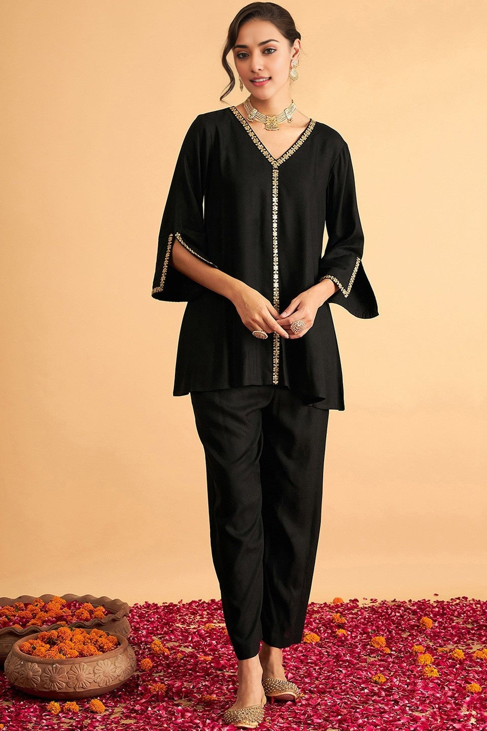 Minimalist Co-Ord Set with Embroidery Work (Black/Maroon)