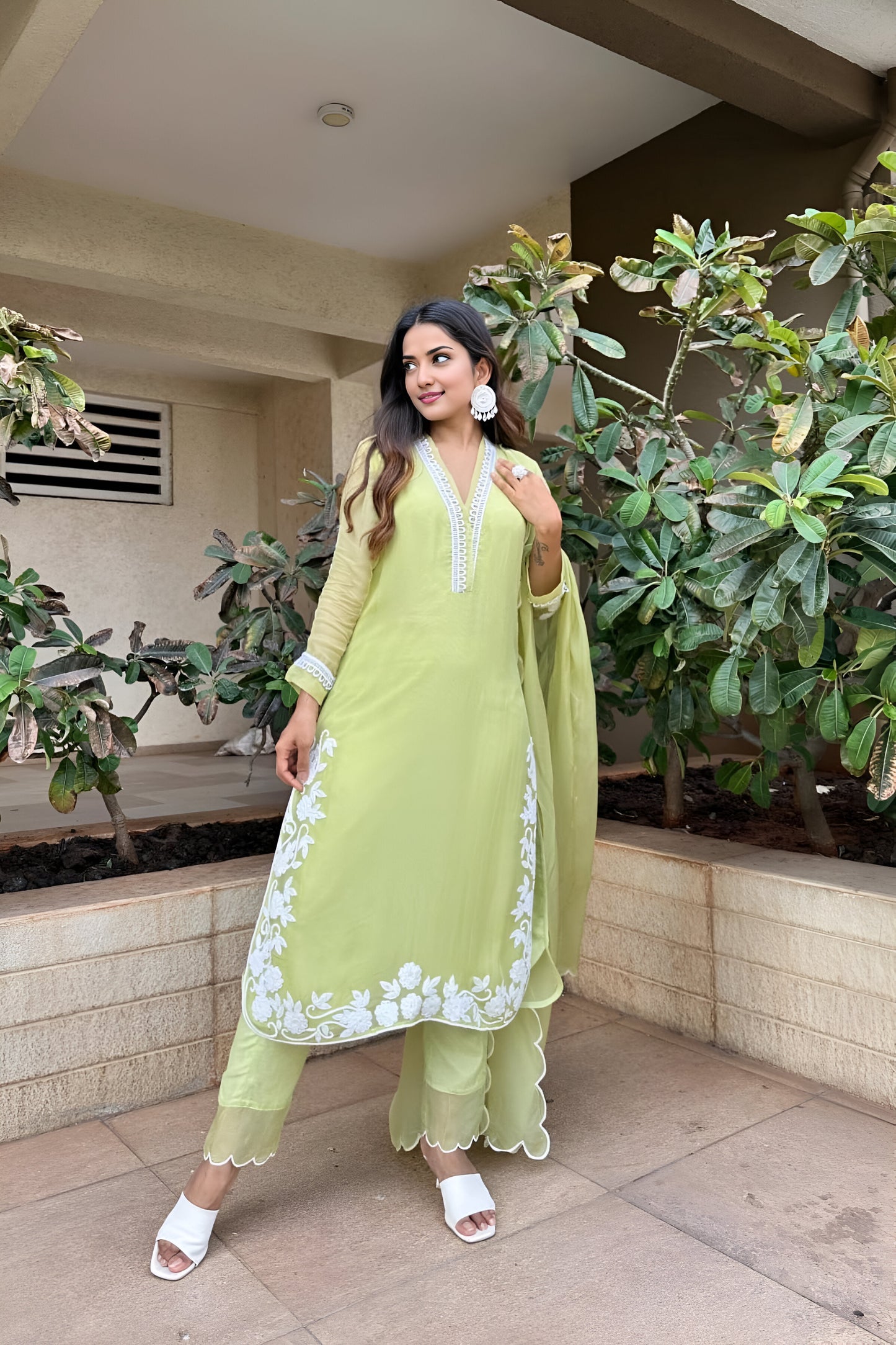 Chikankari Pakistani Suit Set with Dupatta (Embroidered/Muted Green)
