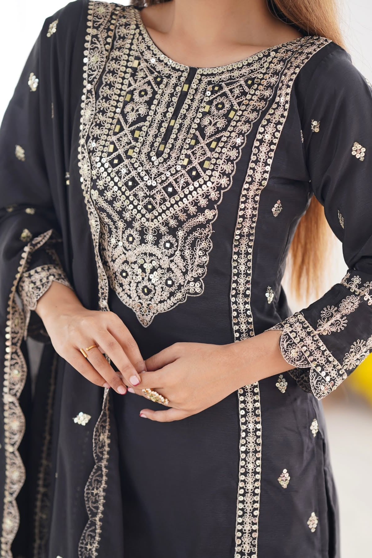 Chinon Silk Kurta Suits Set Heavy Embroidery and Mirror Work Dupatta (TealBlue/Black)