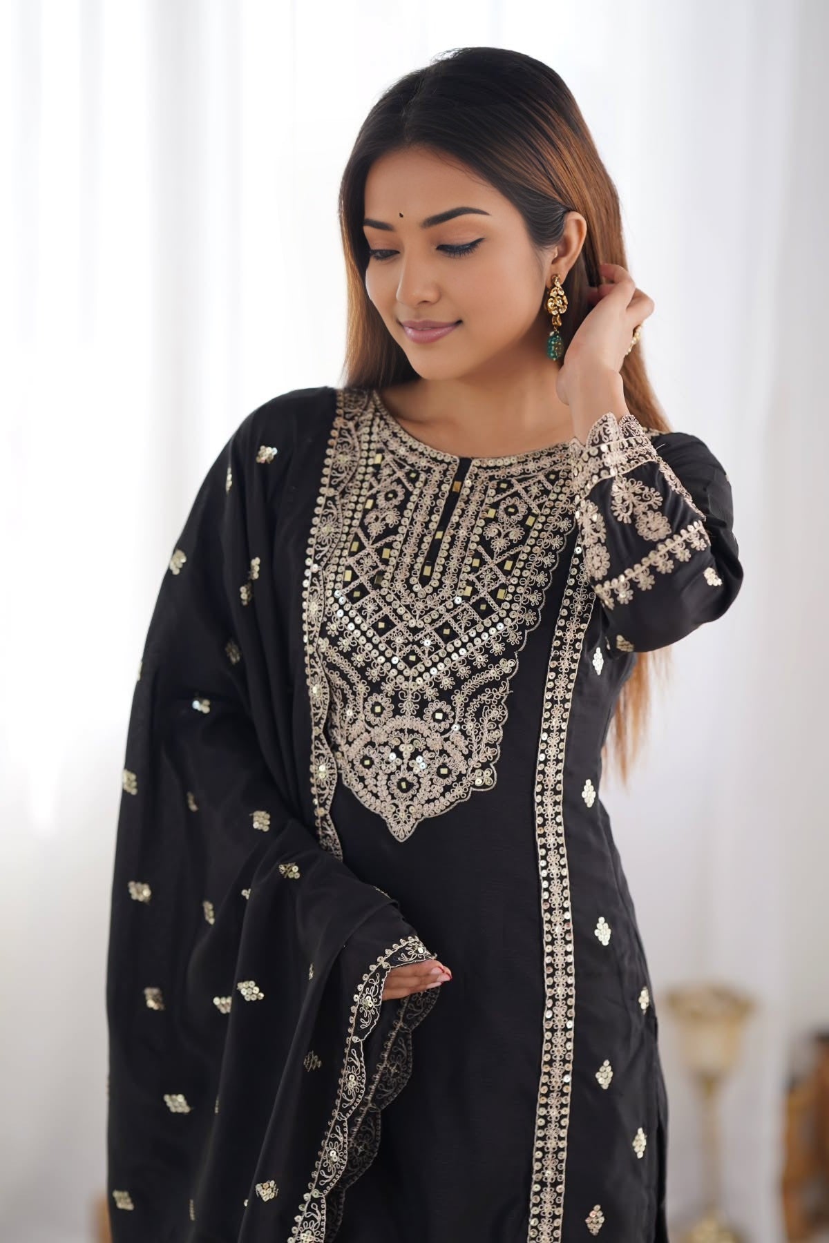 Chinon Silk Kurta Suits Set Heavy Embroidery and Mirror Work Dupatta (TealBlue/Black)