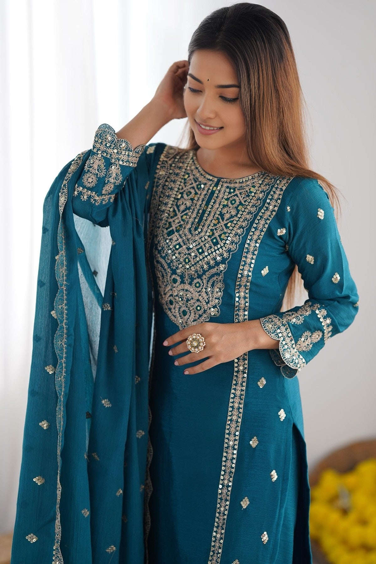 Chinon Silk Kurta Suits Set Heavy Embroidery and Mirror Work Dupatta (TealBlue/Black)
