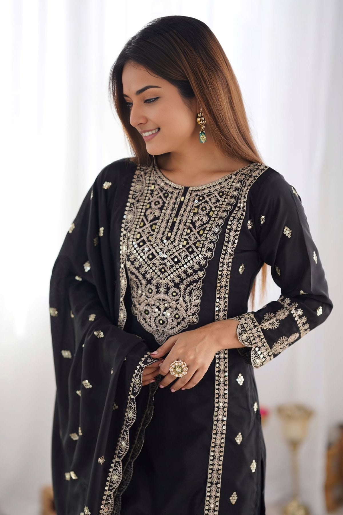 Chinon Silk Kurta Suits Set Heavy Embroidery and Mirror Work Dupatta (TealBlue/Black)