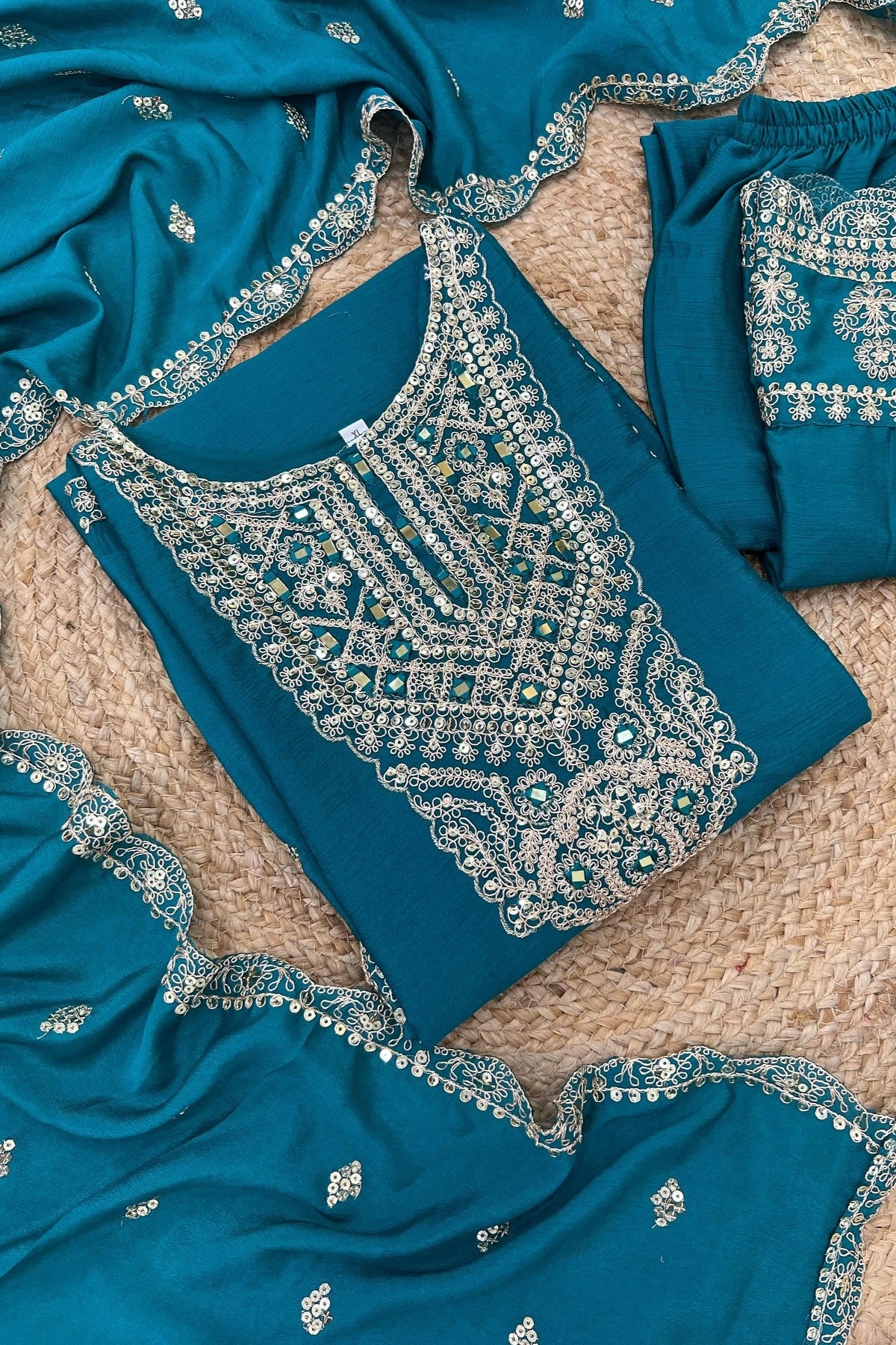 Chinon Silk Kurta Suits Set Heavy Embroidery and Mirror Work Dupatta (TealBlue/Black)