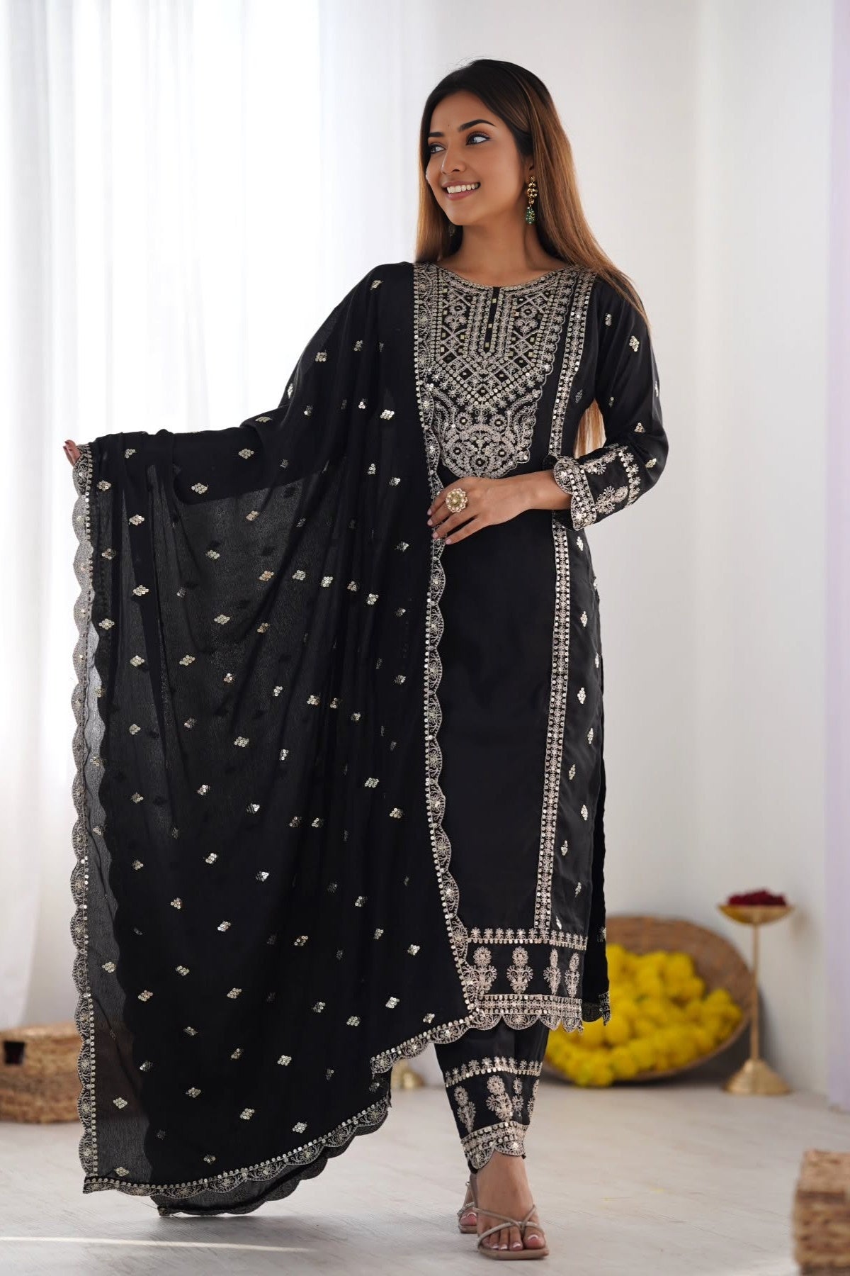 Chinon Silk Kurta Suits Set Heavy Embroidery and Mirror Work Dupatta (TealBlue/Black)