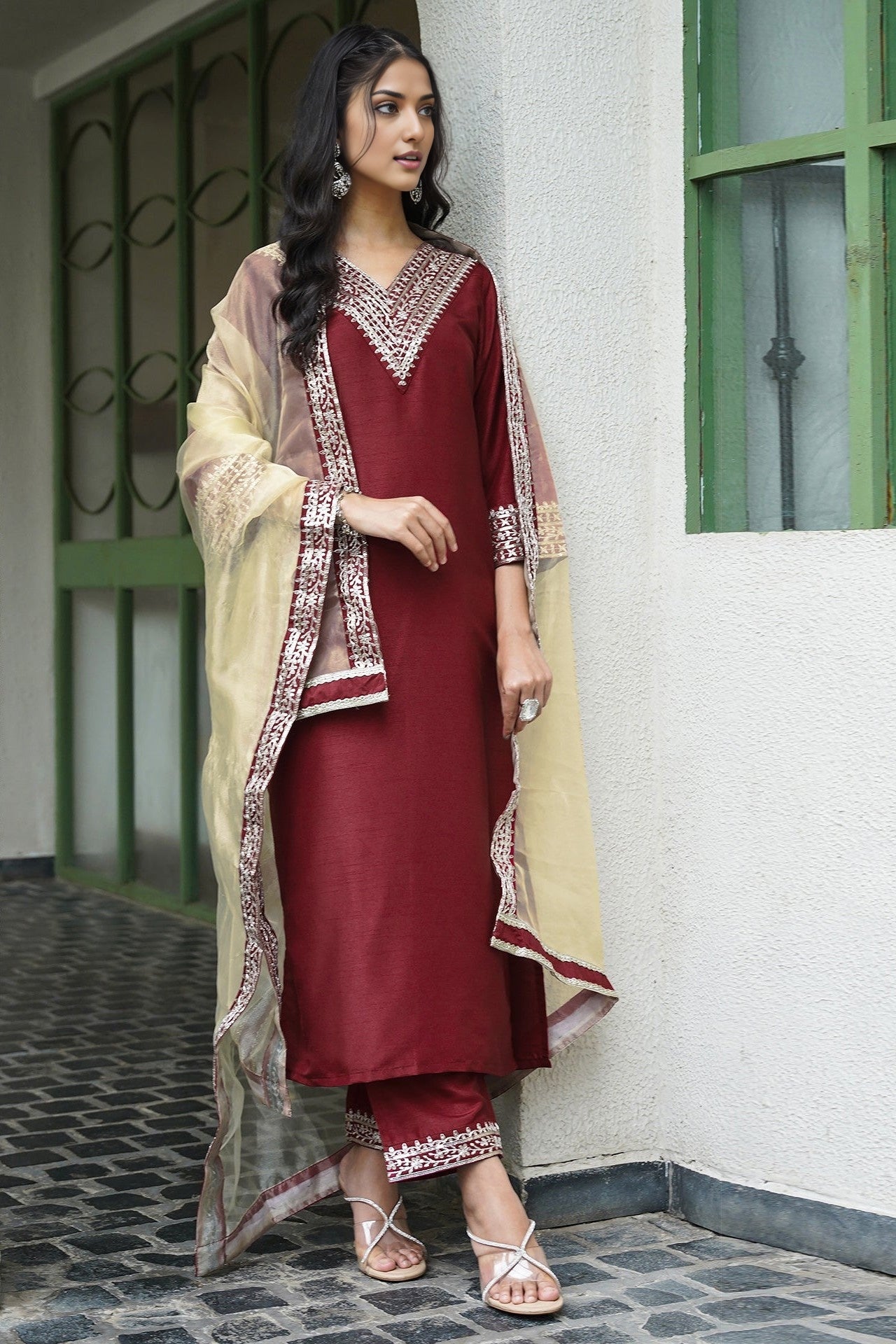 Silk Embroidery Straight Kurta Set With Dupatta