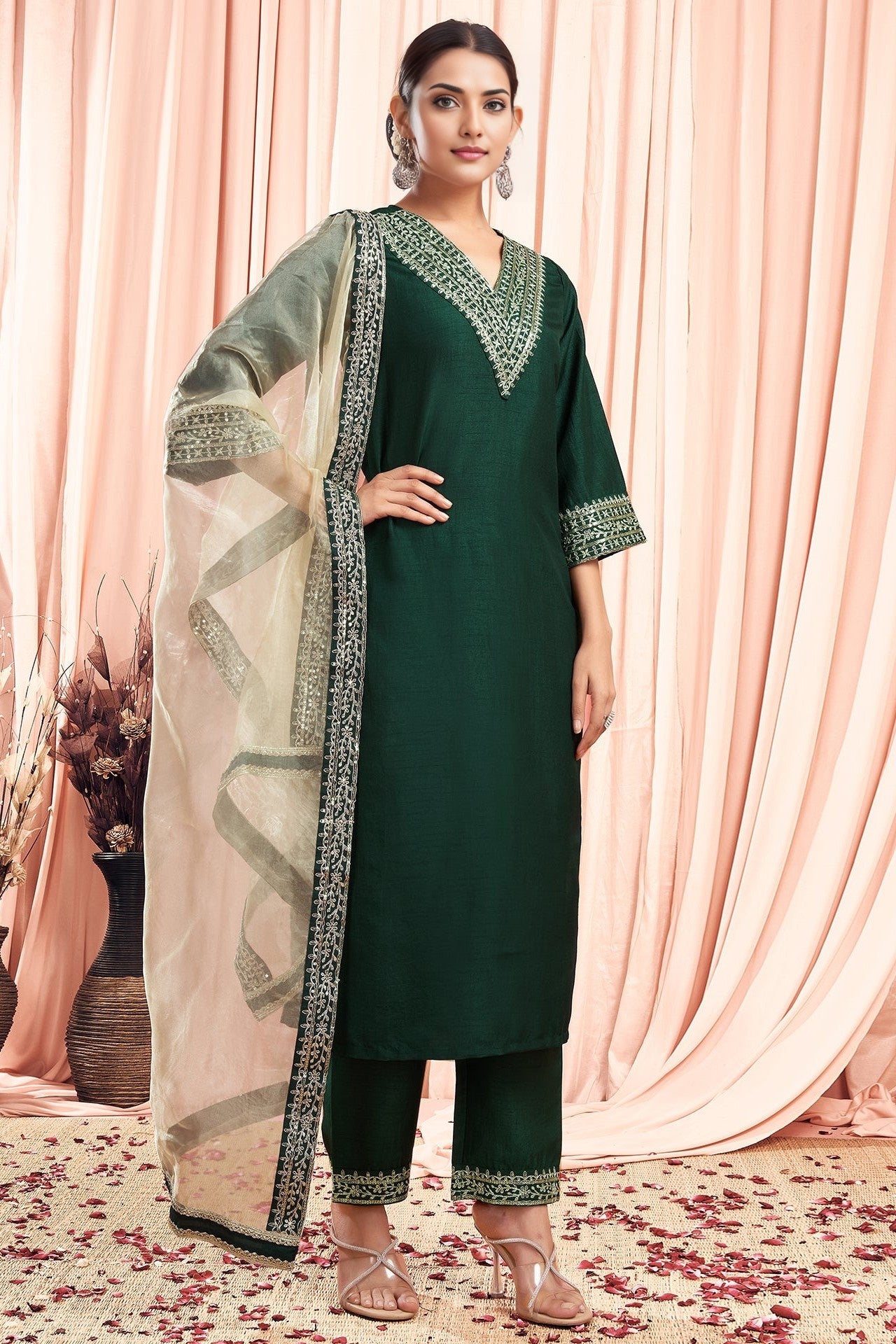 Silk Embroidery Straight Kurta Set With Dupatta