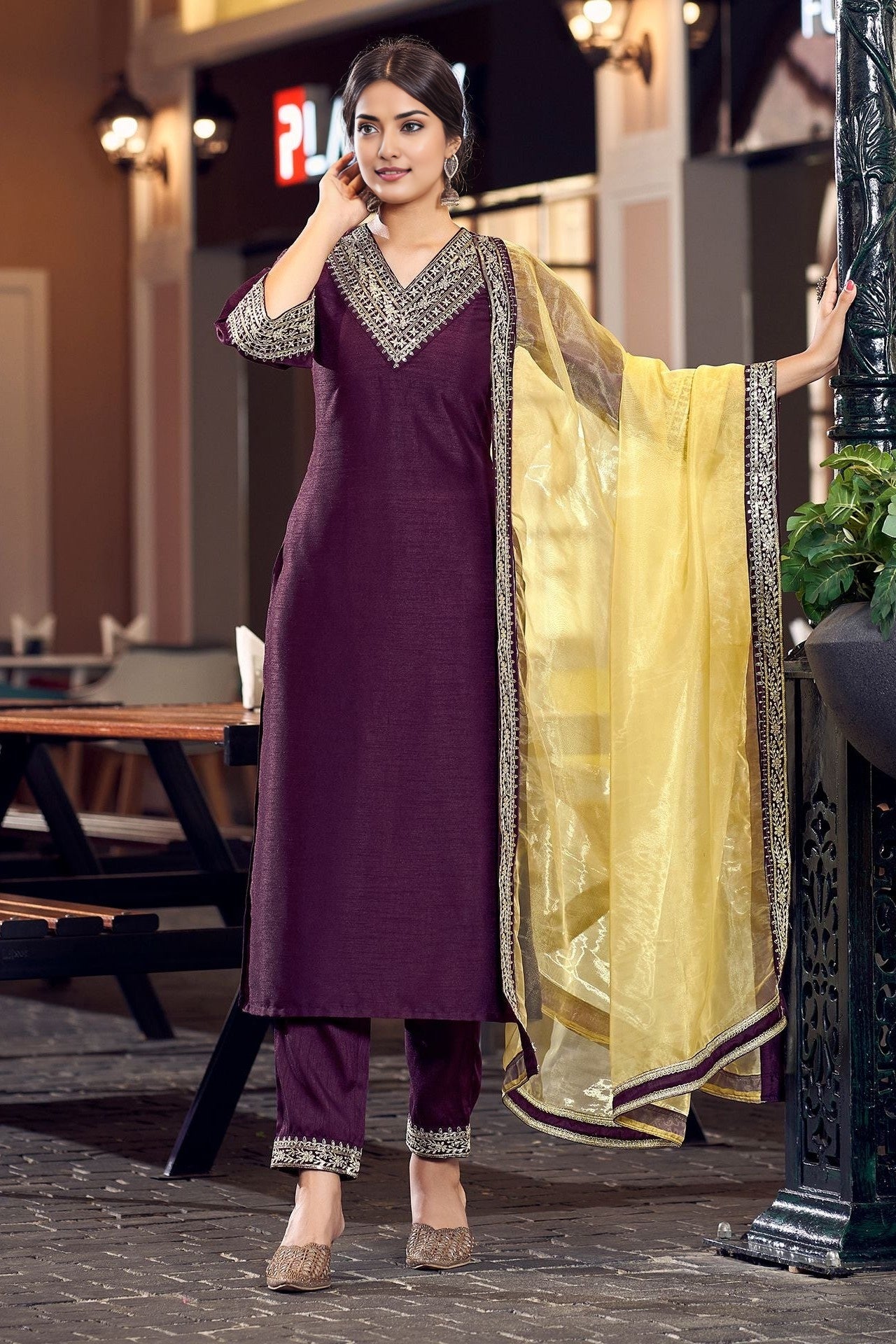 Silk Embroidery Straight Kurta Set With Dupatta