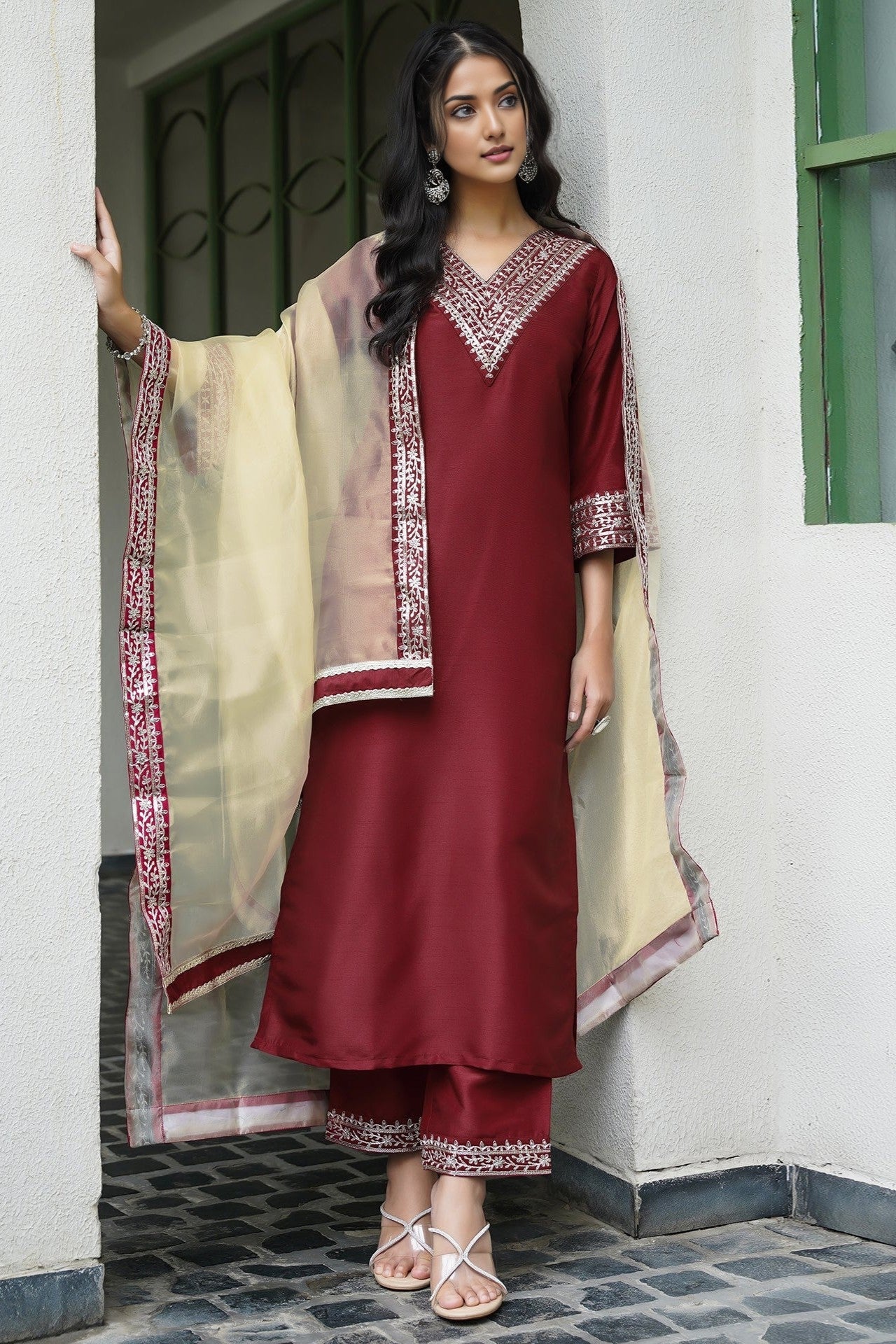Silk Embroidery Straight Kurta Set With Dupatta