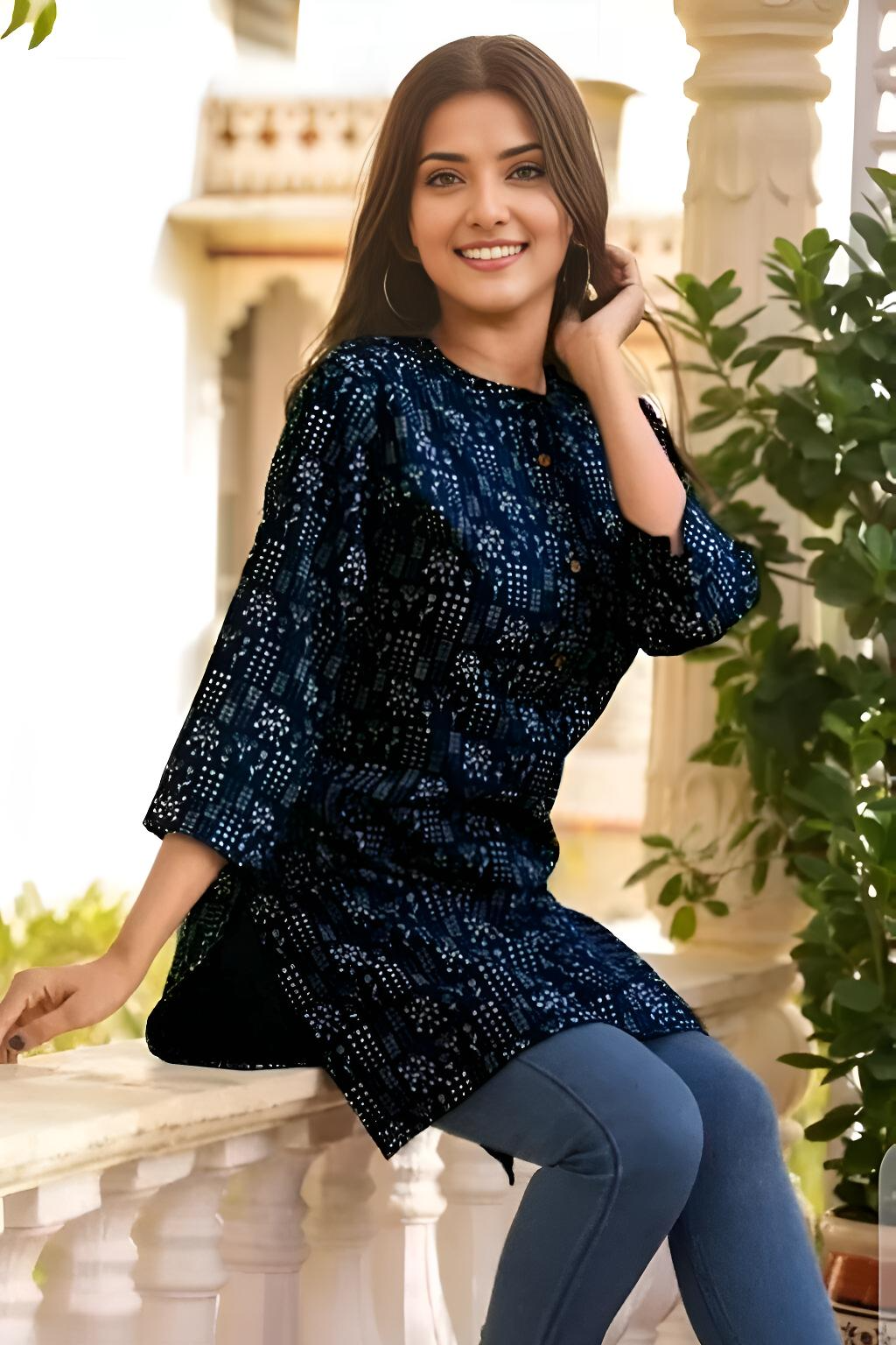 Women Printed Straight Short Kurti (Navy Blue/Black)