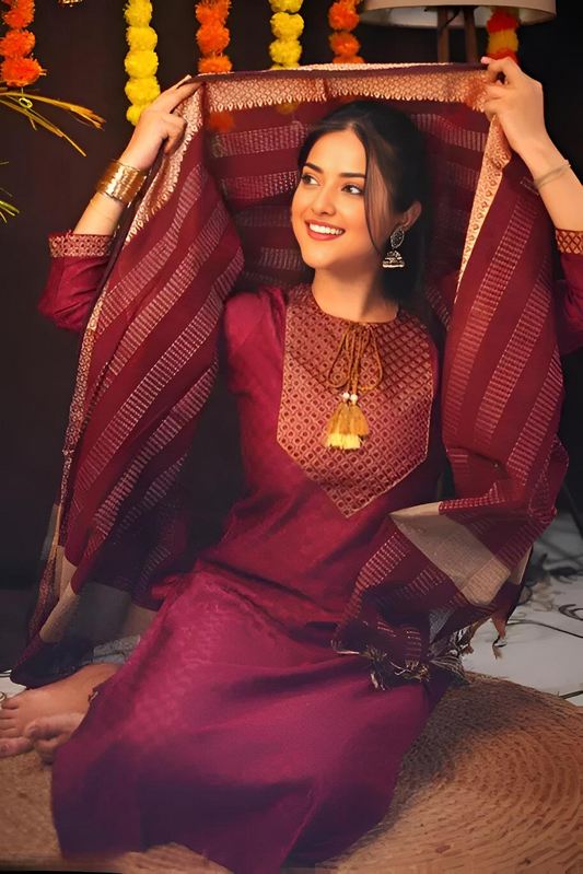 Women Woven Design Straight Kurta Set with Dupatta