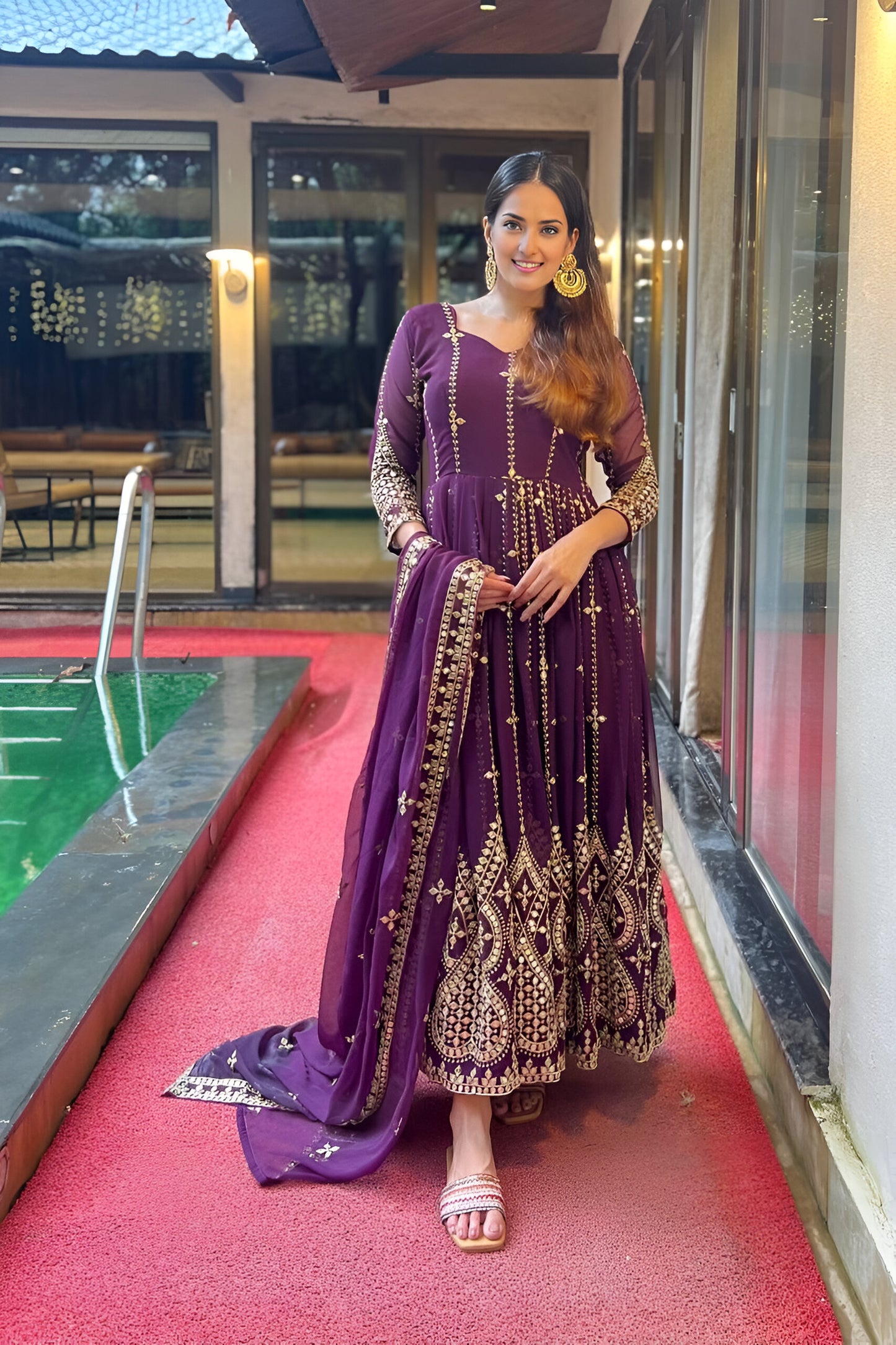 Heavy Embroidery Anarkali Suit Set (Wine Colored)