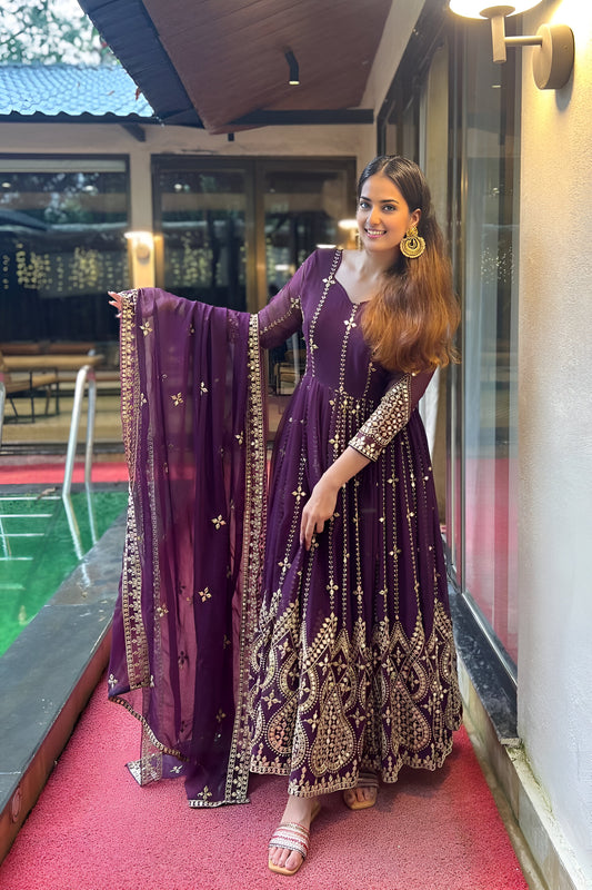 Heavy Embroidery Anarkali Suit Set (Wine Colored)