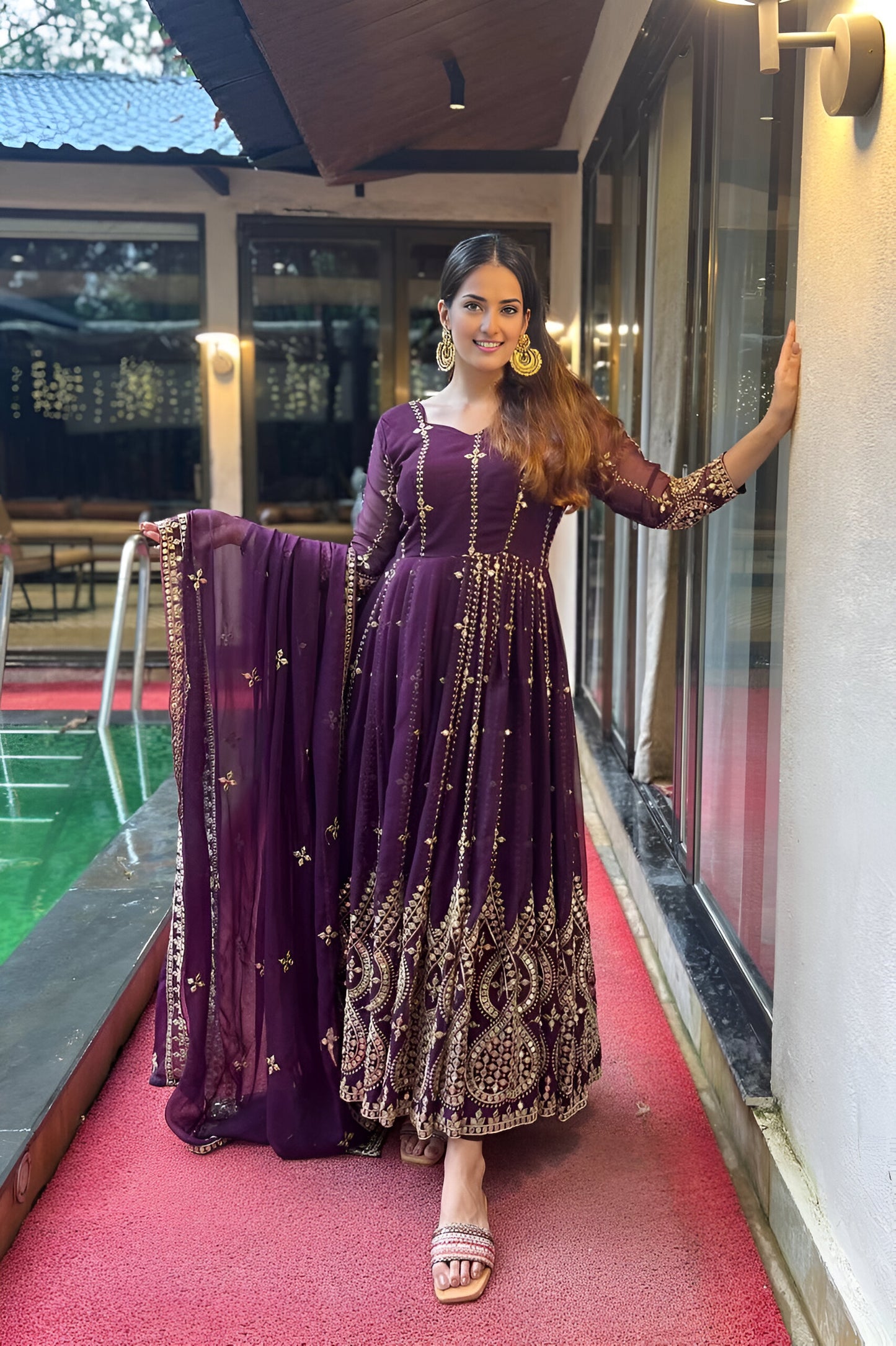 Heavy Embroidery Anarkali Suit Set (Wine Colored)