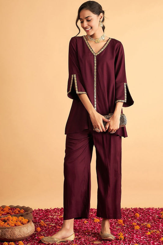 Minimalist  Co-Ord Set with Embroidery Work (Black/Maroon)
