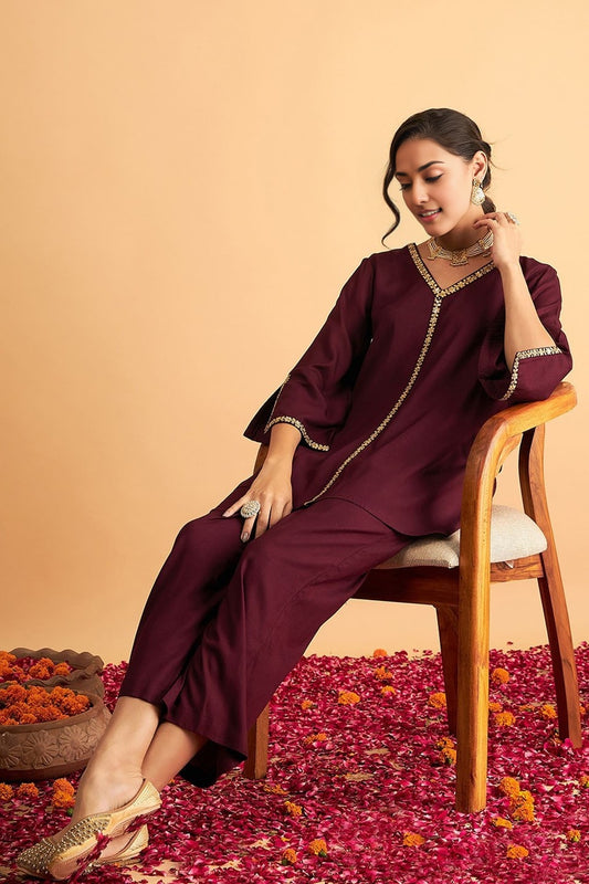 Minimalist  Co-Ord Set with Embroidery Work (Black/Maroon)