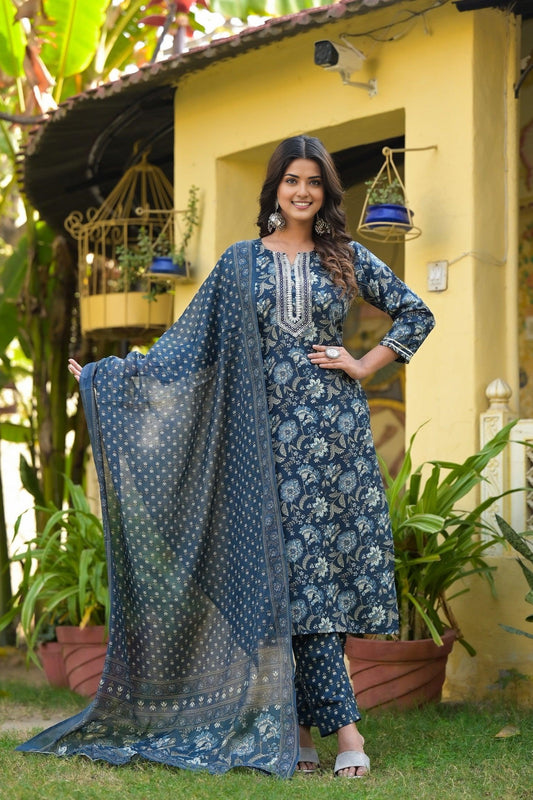 Women Printed Embroidery Kurta and Pant set with Dupatta