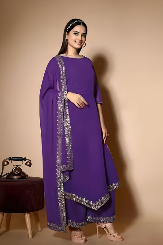 A-Line Pakistani Kurta Suit Set with Dupatta (Embroidered/Purple)