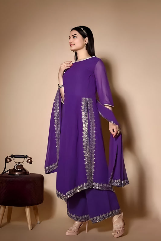 A-Line Pakistani Kurta Suit Set with Dupatta (Embroidered/Purple)
