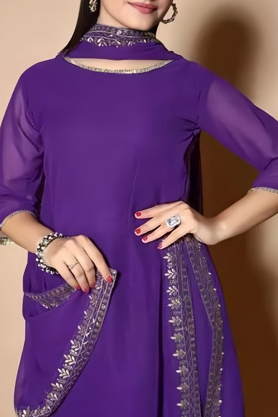 A-Line Pakistani Kurta Suit Set with Dupatta (Embroidered/Purple)