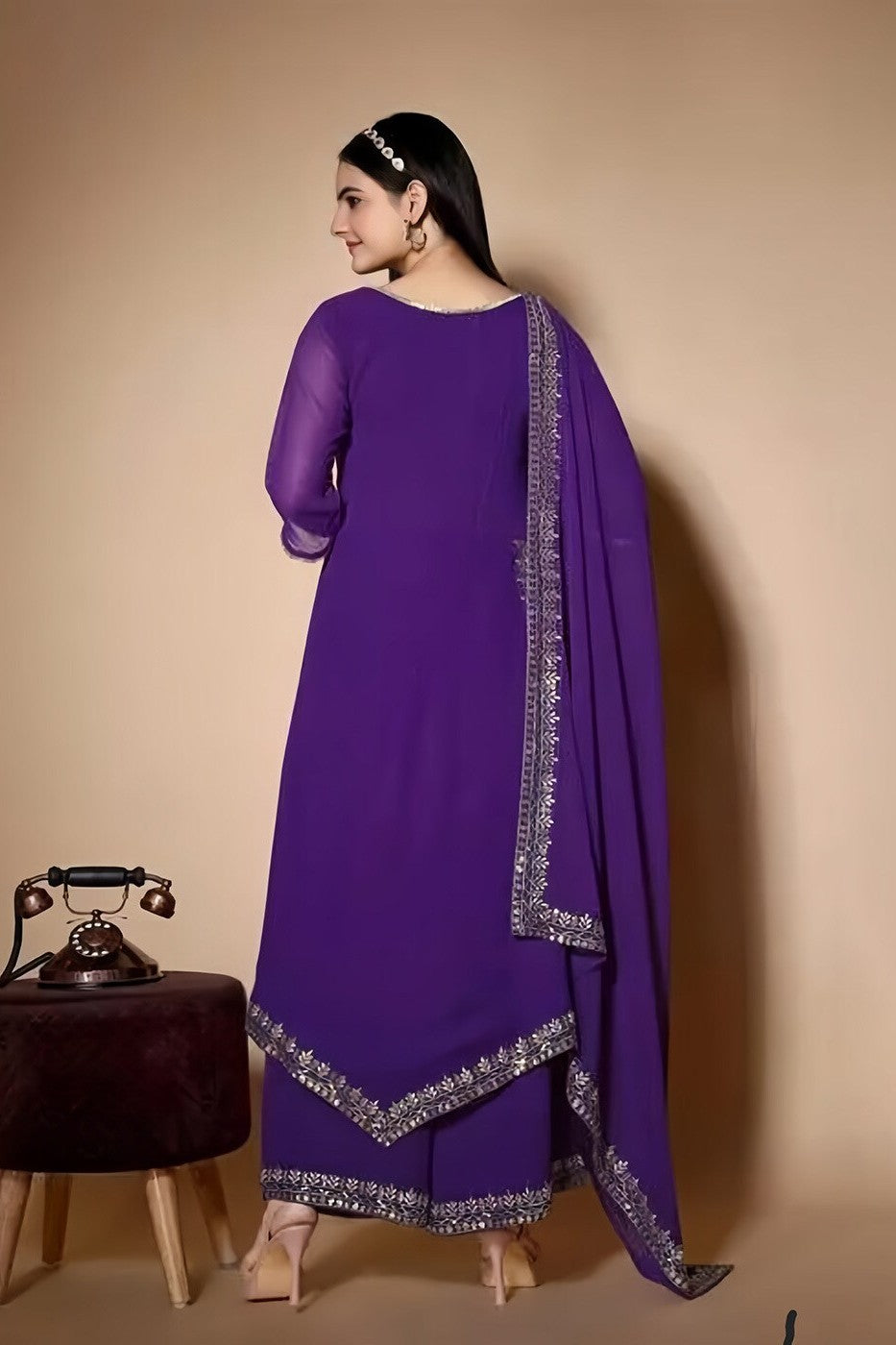 A-Line Pakistani Kurta Suit Set with Dupatta (Embroidered/Purple)