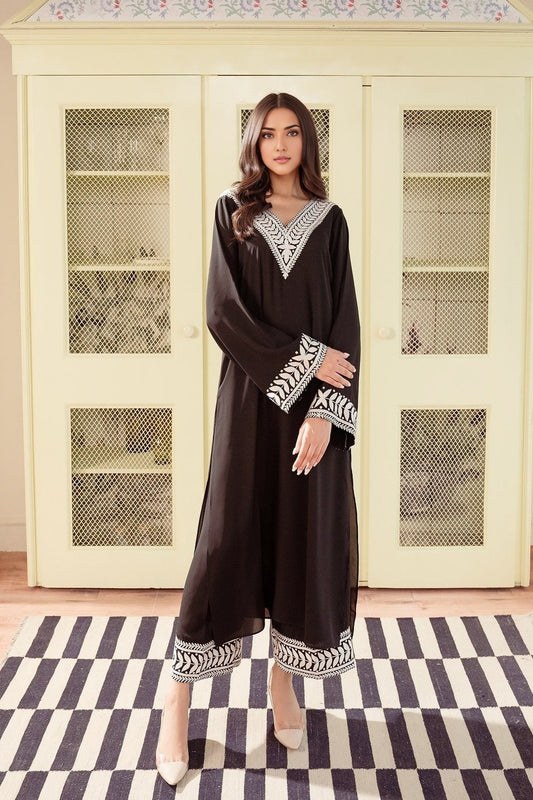 Floral Pakistani Kurta Set With Palazzo - Embroidered (Black)