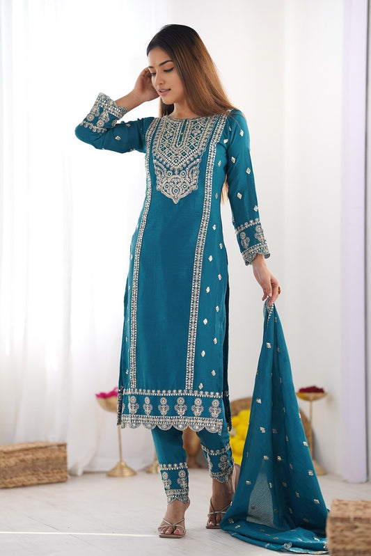 Chinon Silk Kurta Suits Set Heavy Embroidery and Mirror Work Dupatta (TealBlue/Black)