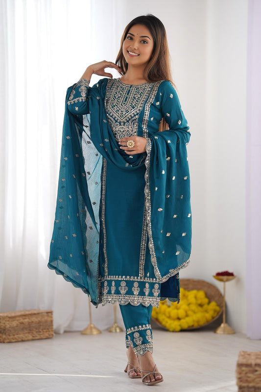 Chinon Silk Kurta Suits Set Heavy Embroidery and Mirror Work Dupatta (TealBlue/Black)