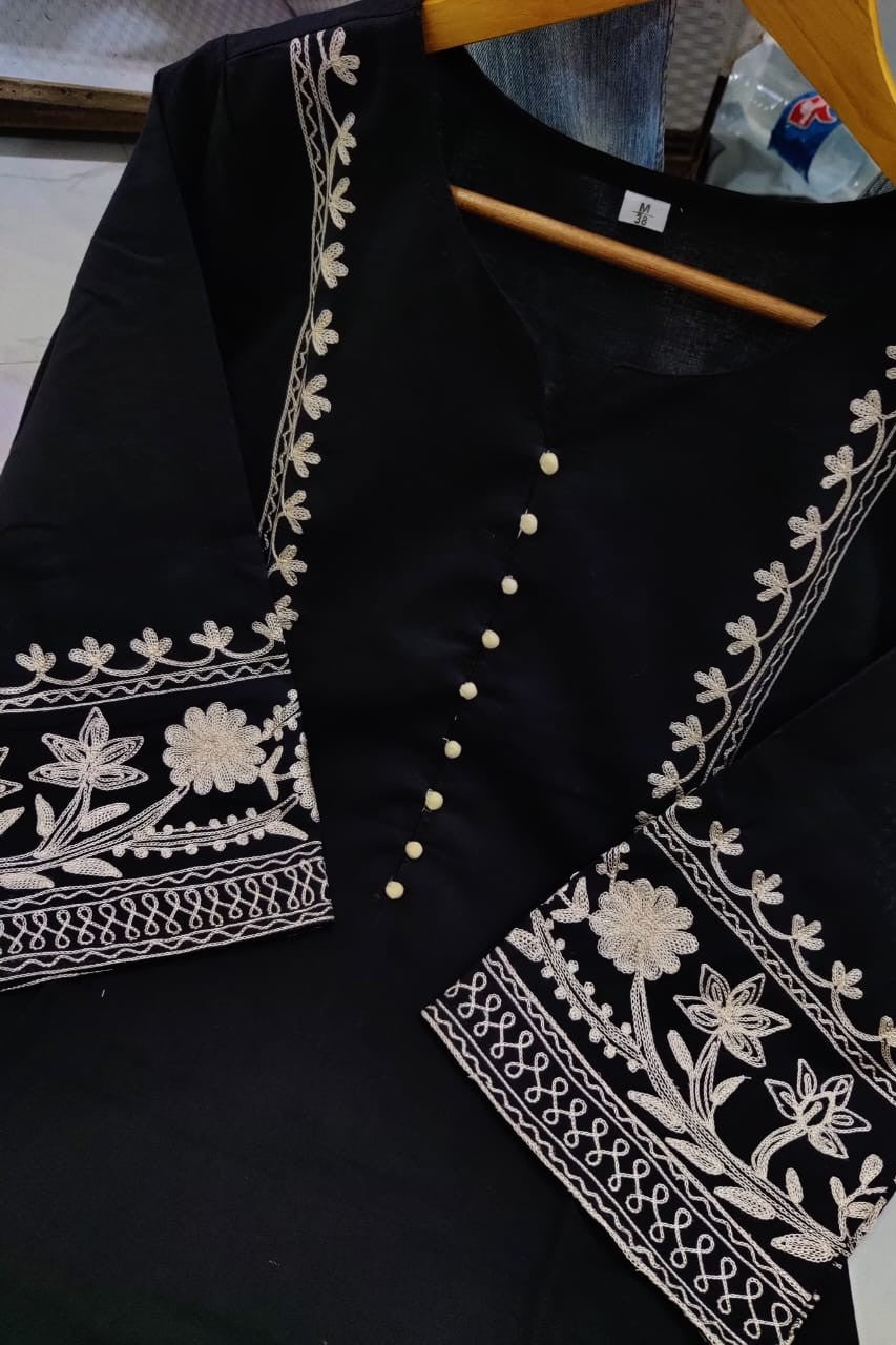 Embroidered Long Pakistani Kurta with Palazzo Set (Full-Sleeve/Black)