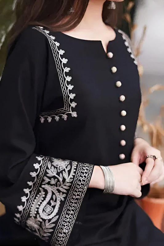 Embroidered Long Pakistani Kurta with Palazzo Set (Full-Sleeve/Black)