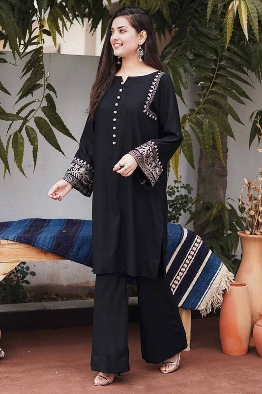 Embroidered Long Pakistani Kurta with Palazzo Set (Full-Sleeve/Black)