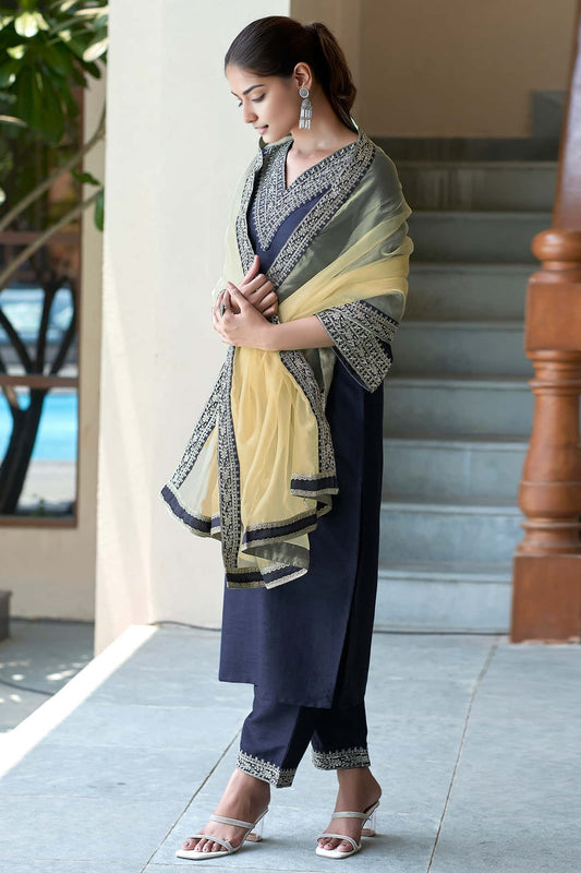 Silk Embroidery Straight Kurta Set With Dupatta