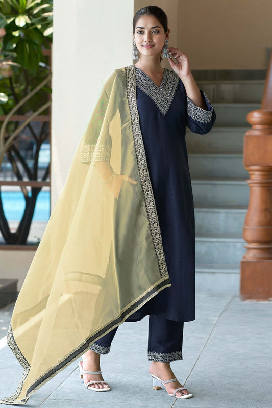 Silk Embroidery Straight Kurta Set With Dupatta