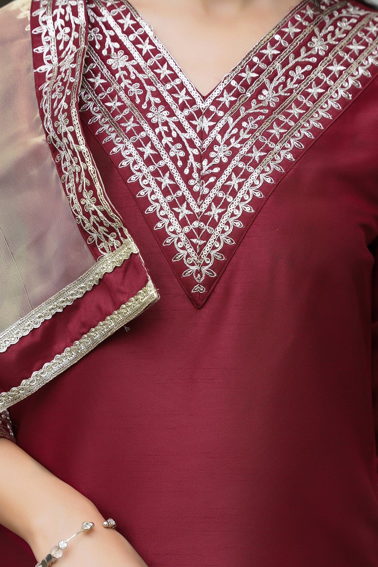 Silk Embroidery Straight Kurta Set With Dupatta