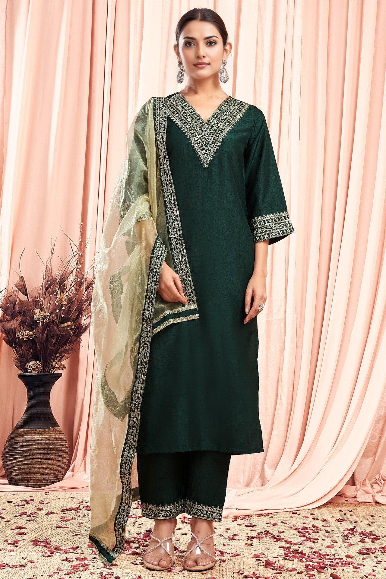 Silk Embroidery Straight Kurta Set With Dupatta