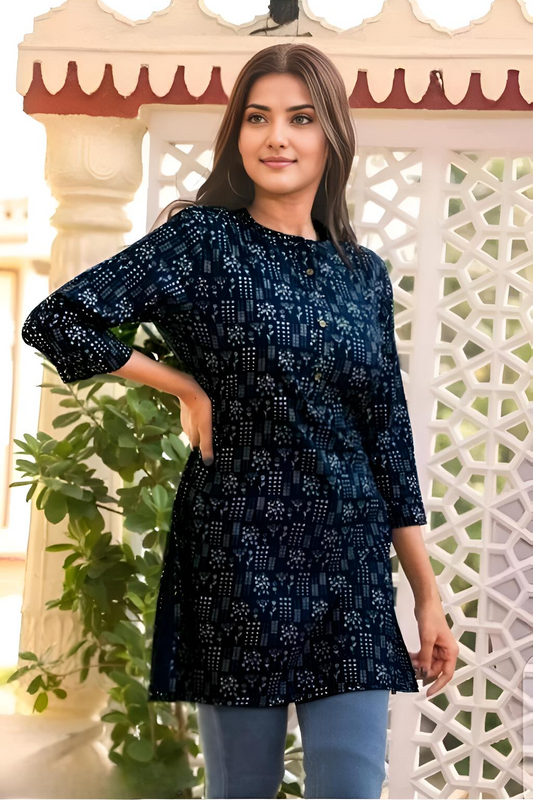 Women Printed Straight Short Kurti (Navy Blue/Black)